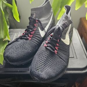 Nike Flyknit Zoom All Out Black & White High-Top Running Shoes with Pink Accents